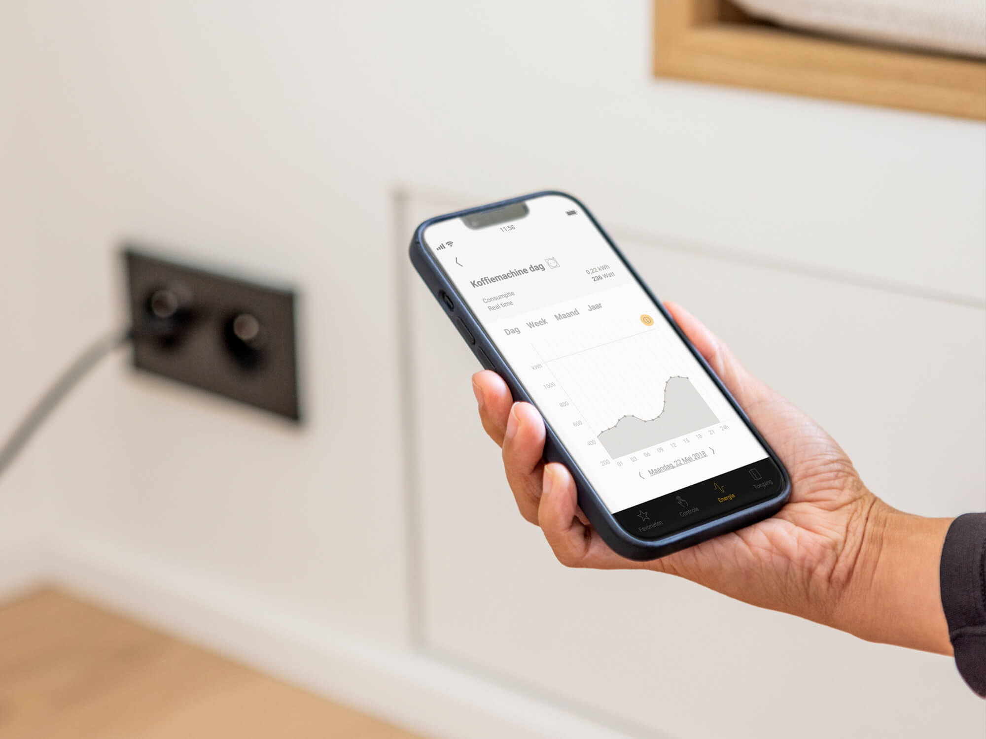 Checking energy consumption of a smart Niko socket on the Niko Home app