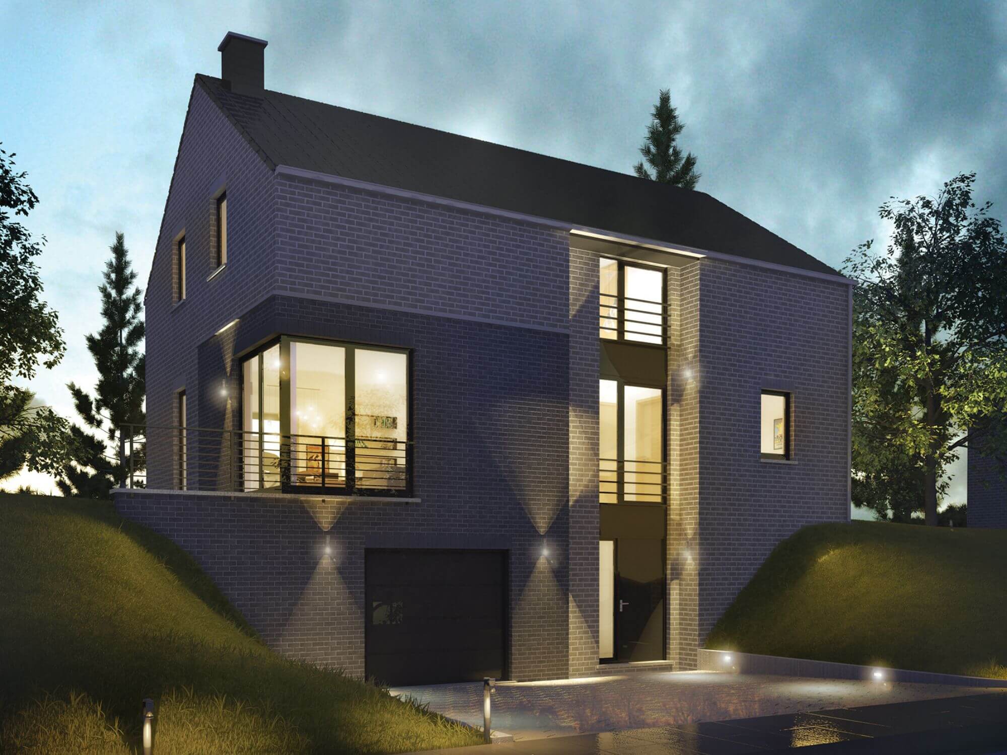 house lit up in the twilight