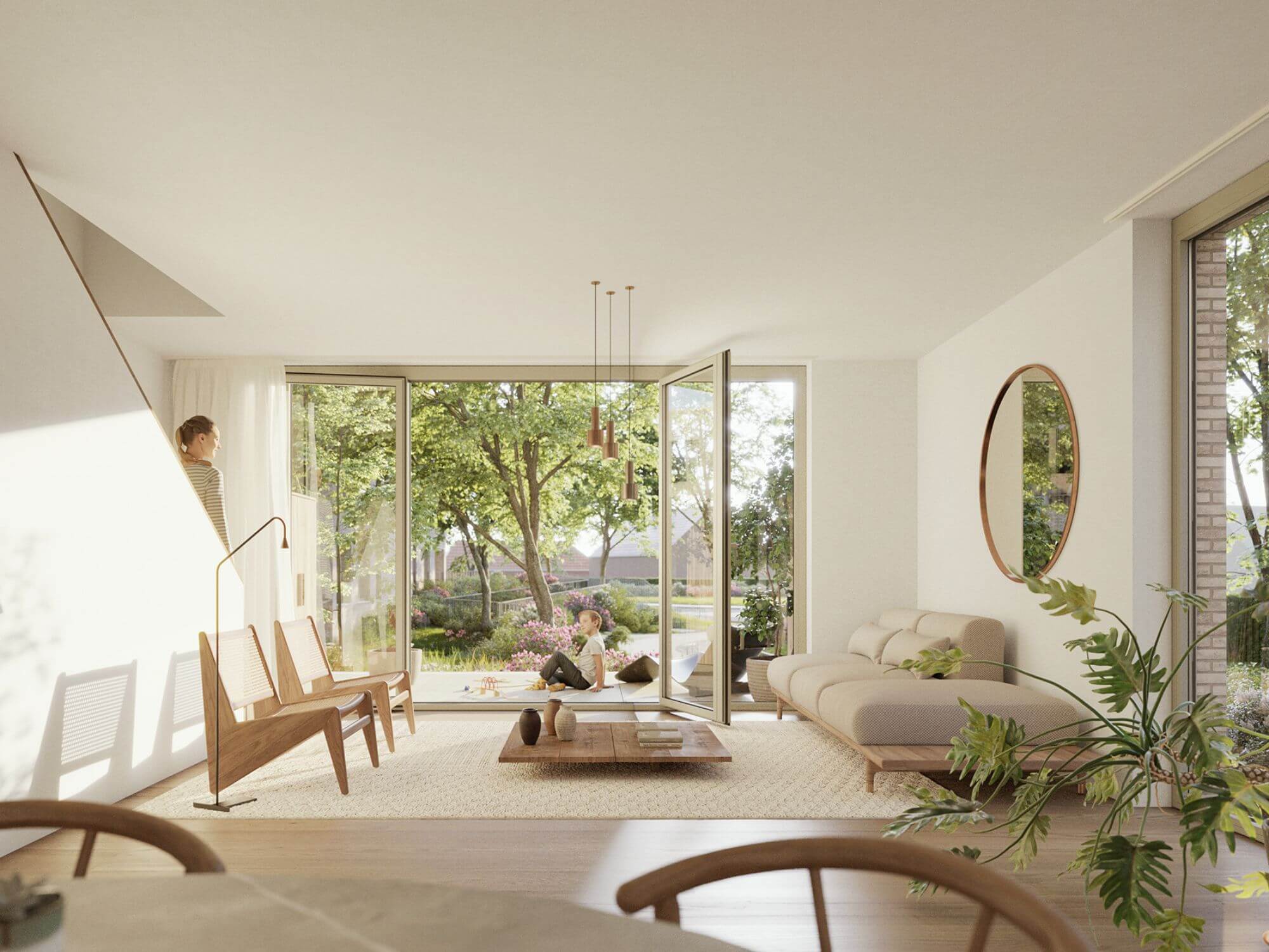 birght livingroom with garden view and todler sitting outside