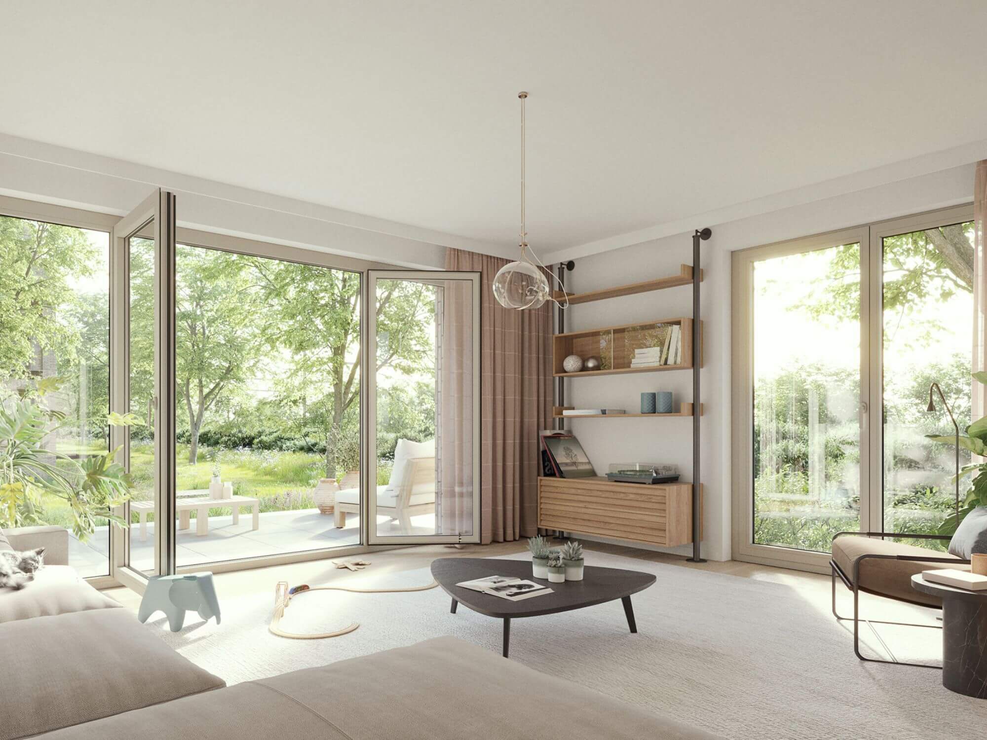 Bright living room with garden view